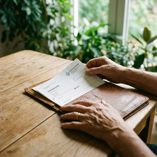 Eine Nahaufnahme von Händen, die sorgfältig ein medizinisches Dokument in eine Mappe legen. Sauberer Holztisch, verschwommener Hintergrund mit Pflanzen.
