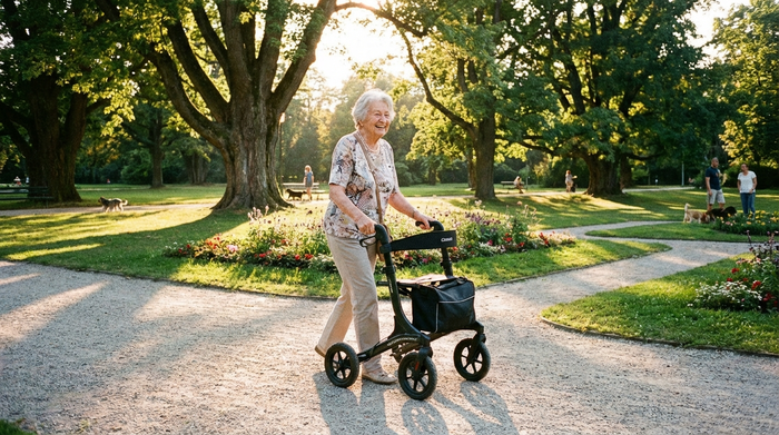 Eine ältere Dame spaziert glücklich mit einem modernen, leichten Carbon-Rollator durch einen sonnigen Park mit großen Bäumen und gepflegten Wegen.