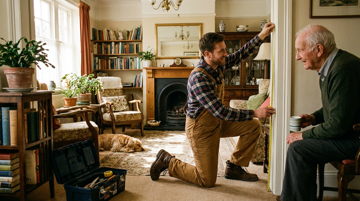 Ein freundlicher Techniker in Arbeitskleidung misst mit einem Maßband den Türrahmen in einem gemütlichen, älteren Wohnzimmer aus. Ein älterer Herr schaut interessiert zu.