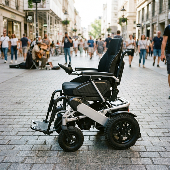 Ein moderner Elektrorollstuhl steht sicher auf einem gepflasterten Weg in einer städtischen Umgebung. Im Hintergrund ist unscharf eine belebte Fußgängerzone zu erkennen.