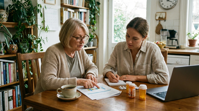Eine ältere Frau und ihre Tochter sitzen am Esstisch und besprechen konzentriert medizinische Unterlagen. Eine Tasse Kaffee steht auf dem Tisch, gemütliche Wohnatmosphäre.