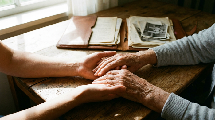 Eine Nahaufnahme von Händen, die sanft die Hände einer älteren Frau halten. Im Hintergrund liegt eine aufgeschlagene Mappe mit Dokumenten auf einem Holztisch, sonniges Fensterlicht fällt herein. Warm, vertrauensvoll, fotorealistisch, ohne Text.