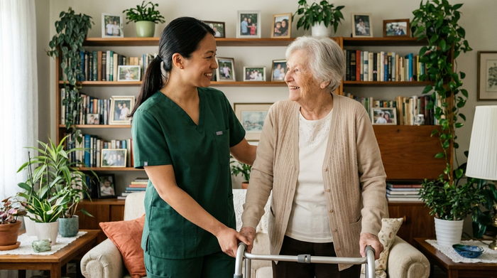 Eine engagierte Pflegekraft in einem modernen Kasack hilft einer älteren Dame behutsam beim Gehen im heimischen Wohnzimmer. Beide lächeln einander an. Im Hintergrund liebevoll eingerichtete Regale und Zimmerpflanzen. Authentische Pflegesituation, hohe Qualität.