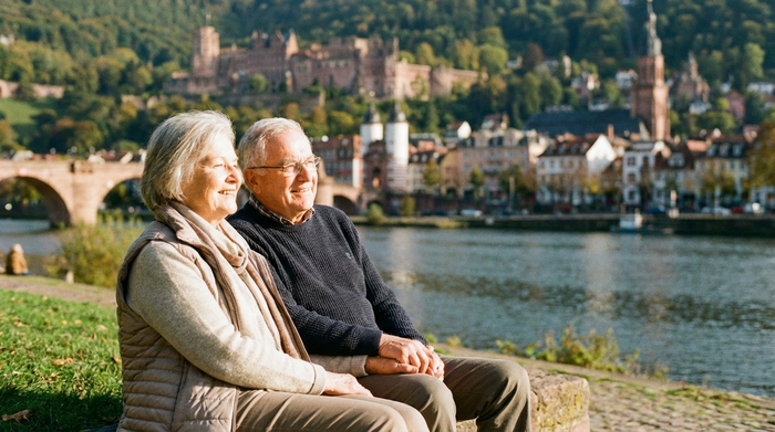 Ein älteres Ehepaar sitzt entspannt auf einer Parkbank, im Hintergrund ist die malerische Heidelberger Altstadtkulisse mit dem Schloss leicht unscharf zu erkennen. Sie genießen die Sonne und wirken unbeschwert. Friedliche, klare Szene, fotorealistisch.