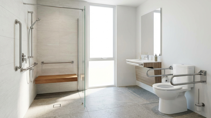 Ein modernes, helles und barrierefreies Badezimmer mit einer bodengleichen Dusche, stabilen Haltegriffen an den hellen Fliesenwänden und einem komfortablen Duschsitz. Sauber, stilvoll, gut beleuchtet, realistisches Interieur ohne Text.