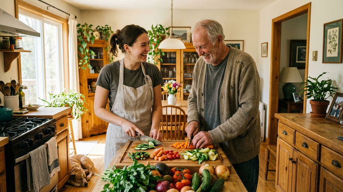 Eine freundliche, junge Betreuungskraft kocht gemeinsam mit einem älteren Mann in einer gemütlichen, gut beleuchteten Küche. Frisches Gemüse liegt auf dem hölzernen Schneidebrett. Fröhliche Stimmung, helles Licht, realistische häusliche Szene.