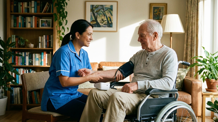 Eine professionelle Pflegekraft misst sanft den Blutdruck eines älteren Herrn im Rollstuhl in einem gemütlichen Wohnzimmer. Helles Tageslicht, aufgeräumte Umgebung, vertrauensvolle Stimmung.