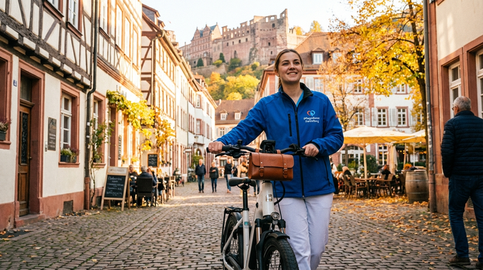 Eine junge Pflegekraft schiebt ein modernes E-Bike mit einer kleinen Pflegetasche durch eine malerische, kopfsteingepflasterte Gasse in der Heidelberger Altstadt. Historische Gebäude, herbstliches Licht, dynamische und positive Ausstrahlung.
