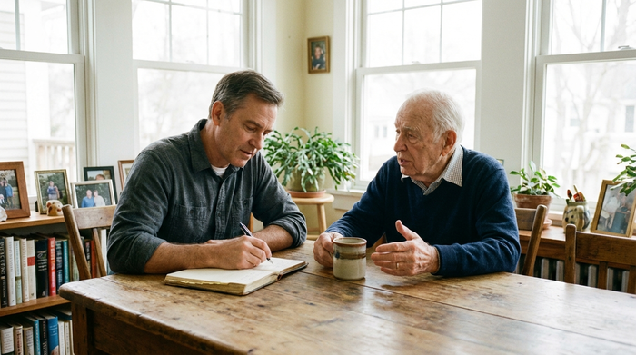 Ein erwachsener Sohn sitzt mit seinem betagten Vater an einem Holztisch und notiert sich aufmerksam Details in einem Notizbuch. Eine Kaffeetasse steht auf dem Tisch. Konzentrierte, unterstützende Atmosphäre in einem hellen Raum.