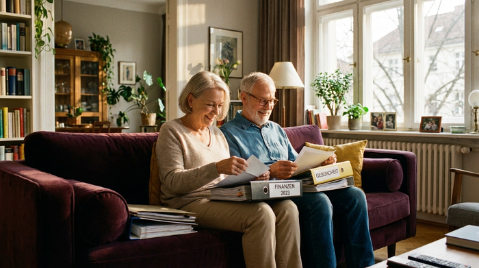 Ein älteres Ehepaar sitzt entspannt auf einem weichen Sofa und sortiert übersichtlich Dokumente in einem Ordner. Warmes Sonnenlicht fällt durch das Fenster. Ruhige, organisierte und erleichterte Stimmung im Wohnzimmer.