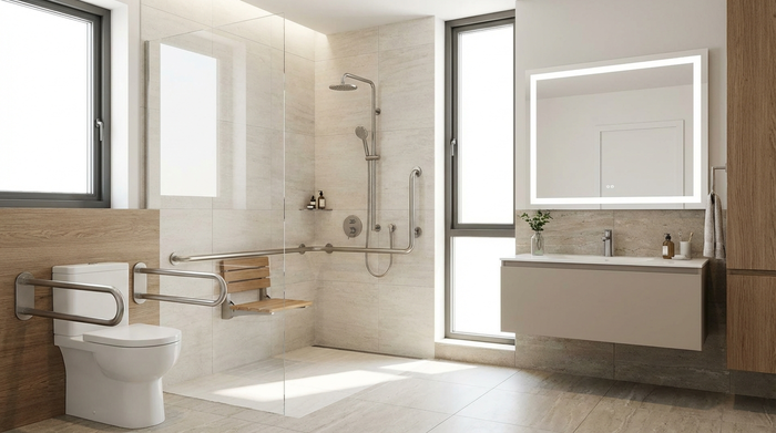 Ein modernes, helles und barrierefreies Badezimmer mit einer bodengleichen Dusche und eleganten Edelstahl-Haltegriffen. Ein Duschklappsitz ist an der hell gefliesten Wand montiert. Sauberes, sicheres und stilvolles Design ohne Krankenhaus-Charakter.