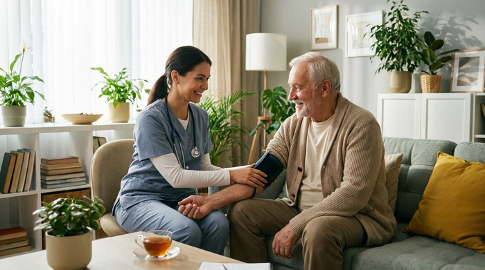 Eine professionelle Pflegefachkraft misst behutsam den Blutdruck eines älteren Herrn im Wohnzimmer. Beide wirken entspannt. Helle, aufgeräumte Umgebung mit gemütlichen Möbeln und Zimmerpflanzen.