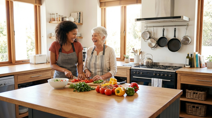 Eine junge, herzliche Betreuungskraft und eine Seniorin kochen gemeinsam in einer hellen, gut ausgestatteten Küche. Sie schneiden frisches Gemüse und lachen fröhlich miteinander.