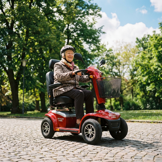 Eine ältere Dame fährt mit einem modernen roten Elektromobil sicher über einen gepflasterten Weg in einem Park. Im Hintergrund sind unscharfe grüne Bäume und ein blauer Himmel zu sehen.