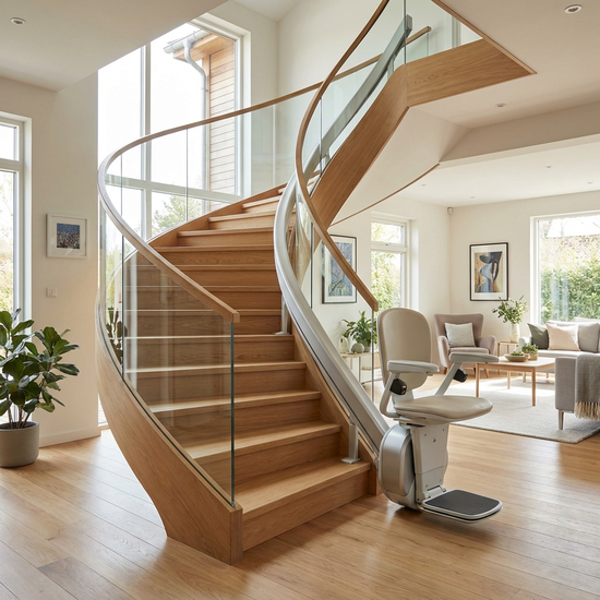 Ein eleganter, moderner Treppenlift ist an einer stilvollen Holztreppe in einem gepflegten Einfamilienhaus montiert. Die Umgebung ist hell und einladend gestaltet.