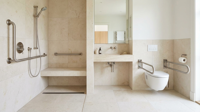 Ein modernes, barrierefreies Badezimmer mit einer bodengleichen Dusche, eleganten Haltegriffen und hellen Fliesen. Der Raum wirkt sauber, funktional und sehr stilvoll eingerichtet.