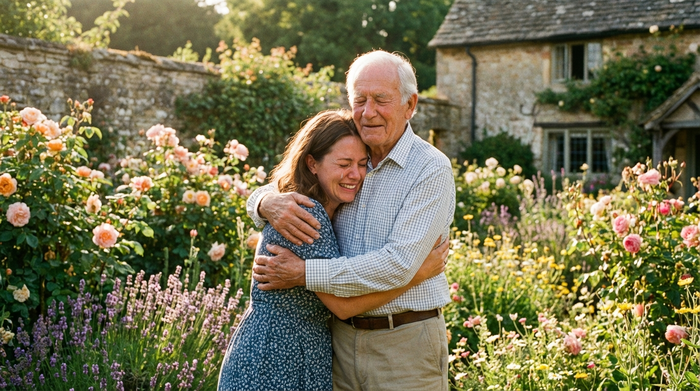 Eine erwachsene Tochter umarmt ihren älteren Vater herzlich in einem sonnigen Garten. Beide strahlen tiefe Verbundenheit und Erleichterung aus, umgeben von blühenden Pflanzen.