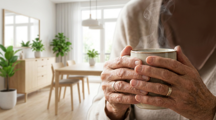 Eine detailreiche Nahaufnahme von zwei Händen, die sanft eine Kaffeetasse halten. Im unscharfen Hintergrund erkennt man ein gepflegtes, modernes Esszimmer einer Senioreneinrichtung mit hellen Möbeln und grünen Pflanzen.