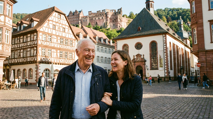 Ein rüstiger Senior spaziert mit seiner erwachsenen Tochter durch die malerische Altstadt von Heidelberg. Beide lachen und wirken unbeschwert. Sonniges Wetter, historische Gebäude im Hintergrund.