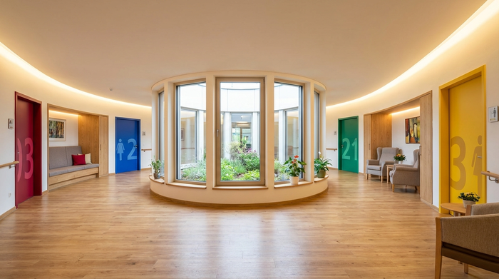 Ein architektonisch ansprechender, heller Flur in einer Pflegeeinrichtung mit farblich abgesetzten, kräftig gestrichenen Türen zur besseren Orientierung. Ein sicherer Rundweg ohne Sackgassen, gemütliche Sitzgelegenheiten am Rand und eine warme, blendfreie Beleuchtung.