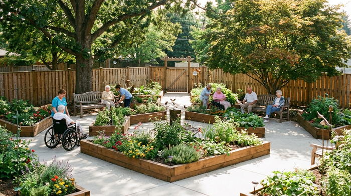 Ein wunderschön angelegter, umzäunter Demenzgarten mit rollstuhlgerechten Wegen, blühenden Hochbeeten und schattigen Sitzbänken unter großen Bäumen. Senioren genießen die frische Luft in einer sicheren, friedlichen Umgebung.