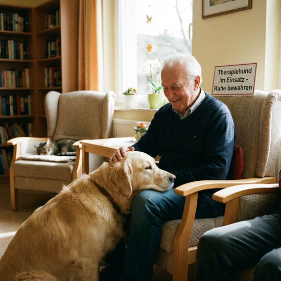 Eine liebevolle Szene in einem gemütlichen Aufenthaltsraum: Ein älterer Herr mit weißen Haaren streichelt lächelnd einen ruhigen, zutraulichen Therapiehund. Die Atmosphäre ist entspannt und voller Zuneigung.