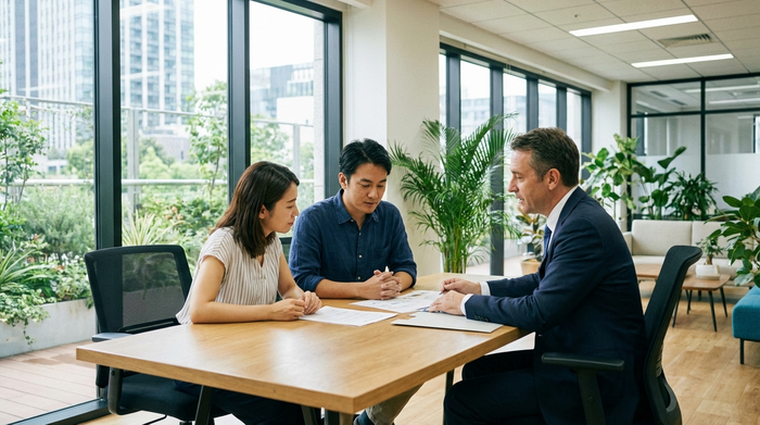 Zwei erwachsene Kinder sitzen gemeinsam mit einem verständnisvollen Pflegeberater an einem Tisch und besprechen Unterlagen. Ernsthafte, aber erleichterte Gesichter in einem hellen, modernen Büro.