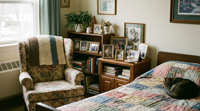 Ein liebevoll eingerichtetes Pflegeheimzimmer mit persönlichen Gegenständen. Ein vertrauter, älterer Ohrensessel, gerahmte Familienfotos auf dem Nachttisch und eine weiche, bekannte Tagesdecke auf dem Bett.