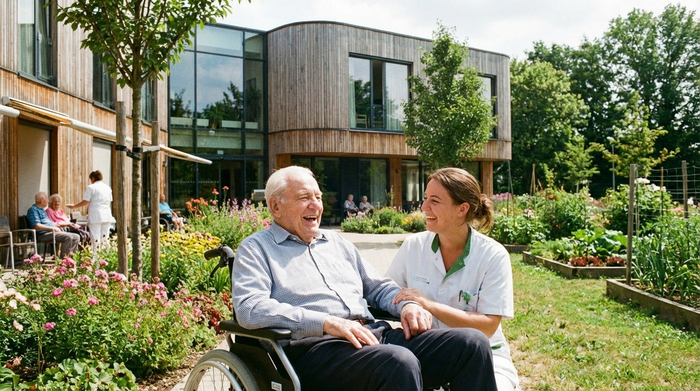 Eine freundliche, moderne Pflegeeinrichtung. Ein älterer Herr lacht gemeinsam mit einer Pflegekraft im sonnigen Garten der Einrichtung. Üppiges Grün im Hintergrund, entspannte und erholsame Stimmung, realistische Szene.