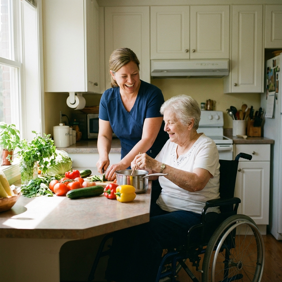 Eine engagierte 24-Stunden-Pflegekraft kocht gemeinsam mit einer lächelnden Seniorin in einer gemütlichen, barrierefreien Küche. Frisches Gemüse liegt auf der Arbeitsfläche. Herzliche und vertraute Interaktion.