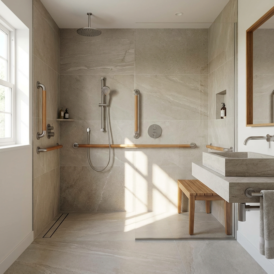 Ein modern renoviertes, helles Badezimmer mit einer großzügigen, bodengleichen Dusche und stabilen Haltegriffen an den Wänden. Sauber, sicher und stilvoll eingerichtet. Keine Personen im Bild, Fokus auf Barrierefreiheit.