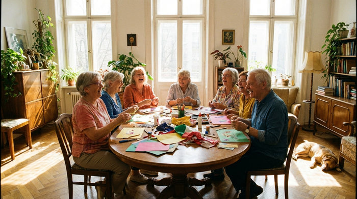 Eine fröhliche Gruppe von Senioren sitzt an einem runden Holztisch in einem sonnendurchfluteten Raum und bastelt gemeinsam, während sie herzlich lachen.