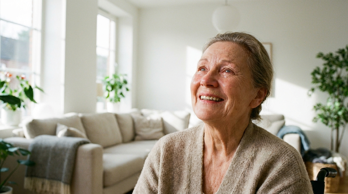 Eine ältere Dame blickt erleichtert und glücklich auf, während sie in einem hellen, aufgeräumten Wohnzimmer sitzt, im Hintergrund unscharf ein gemütliches Sofa.