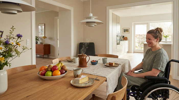 Ein stilvoll gedeckter Esstisch mit frischem Obst, dampfendem Kaffee und einem leckeren Stück Kuchen in einer freundlichen, barrierefreien Umgebung.