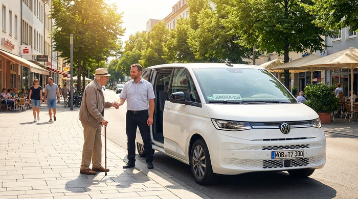 Ein moderner, weißer Kleinbus mit geöffneter Schiebetür steht in einer sonnigen, sauberen Straße, ein freundlicher Fahrer reicht einem Senior hilfsbereit die Hand.