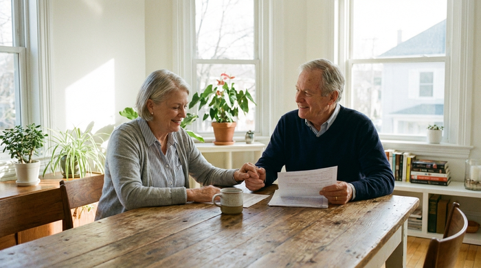Ein älteres Ehepaar sitzt entspannt an einem Holztisch im hellen Wohnzimmer und bespricht lächelnd Dokumente. Eine Tasse Kaffee steht auf dem Tisch. Friedliche und erleichterte Stimmung, saubere Umgebung.