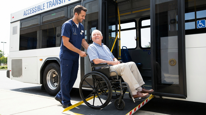 Ein professioneller Betreuer schiebt behutsam einen älteren Herrn im Rollstuhl über eine flache Rampe in einen geräumigen Transportbus. Beide lächeln sich vertrauensvoll an. Helles Tageslicht, fokussierte und sichere Situation.