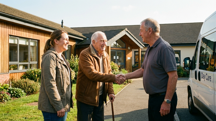 Eine erwachsene Tochter und ihr älterer Vater stehen vor einem gepflegten Tagespflege-Gebäude und schütteln einem freundlichen Fahrer die Hand. Offene und einladende Atmosphäre an einem sonnigen Nachmittag, keine lesbaren Schilder.