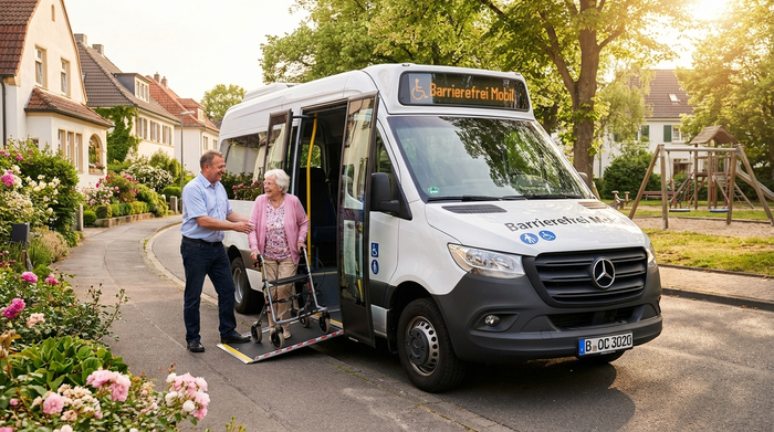 Ein freundlicher Fahrer hilft einer lächelnden älteren Dame beim Einsteigen in einen modernen, rollstuhlgerechten Kleinbus. Sonniges Wetter, sichere und fürsorgliche Umgebung in einem Wohngebiet.