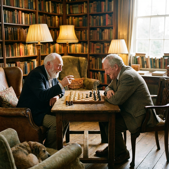 Zwei ältere Herren spielen hochkonzentriert aber freudig eine Partie Schach an einem Holztisch. Gemütliche Bibliotheksumgebung mit sanftem Licht und Bücherregalen im Hintergrund.