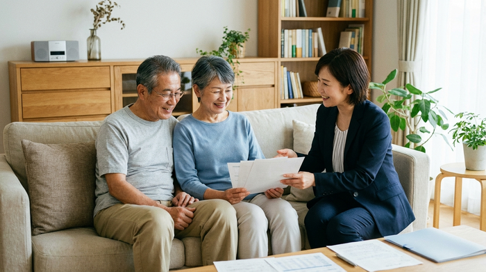 Ein älteres Ehepaar sitzt entspannt auf einem Sofa und schaut zufrieden in übersichtliche Unterlagen, während eine Beraterin ihnen freundlich etwas erklärt. Seriöse und beruhigende Atmosphäre.