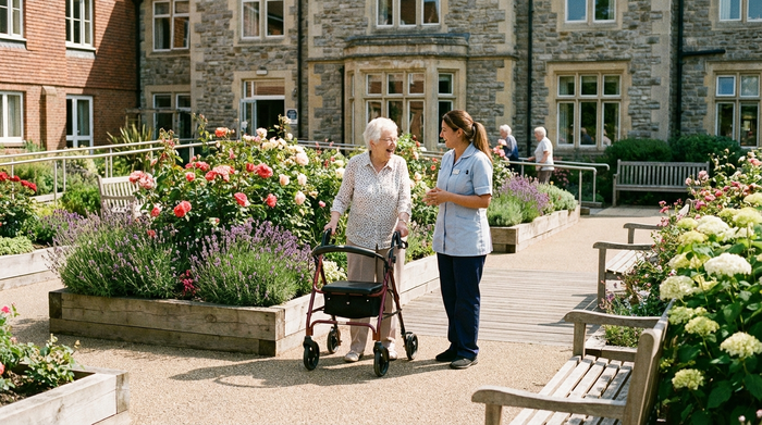 Ein Rundgang durch einen wunderschön angelegten, barrierefreien Garten einer Pflegeeinrichtung. Eine Seniorin am Rollator unterhält sich angeregt mit einer Pflegekraft zwischen blühenden Blumenbeeten.