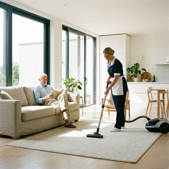 Eine professionelle Haushaltshilfe saugt den Teppich in einem hellen, modernen Wohnzimmer, während ein älterer Herr entspannt auf dem Sofa ein Buch liest. Sauberes Umfeld, realistische Fotografie ohne Text.