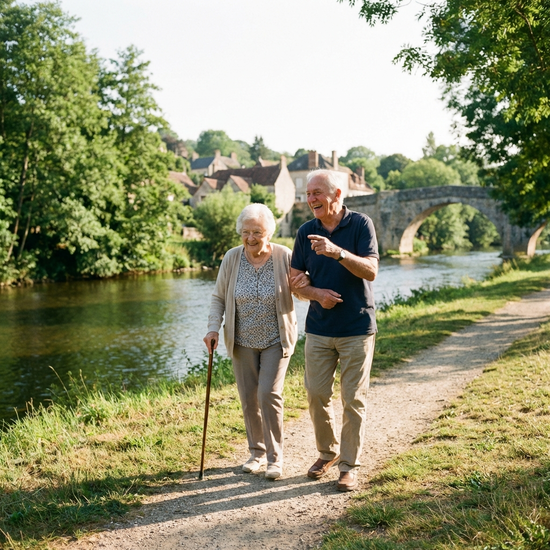 Ein freundlicher Alltagsbegleiter geht mit einer Seniorin an einem sonnigen Tag am Ufer eines Flusses spazieren. Grüne Bäume im Hintergrund, harmonische Stimmung, natürliche Beleuchtung.