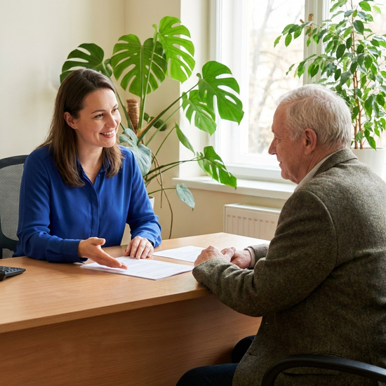 Eine sympathische Beraterin sitzt einem Senior gegenüber und erklärt freundlich Details. Professionelles, helles Büro, grüne Pflanzen im Hintergrund, entspannte und vertrauensvolle Atmosphäre.
