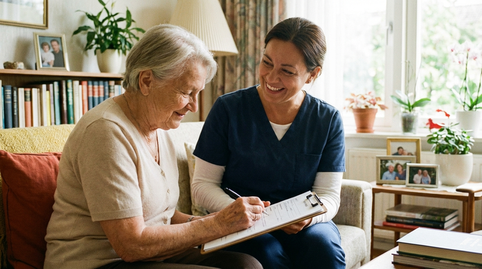 Eine ältere Dame unterschreibt entspannt ein Dokument auf einem Klemmbrett, das ihr von einer freundlichen Pflegekraft gereicht wird. Vertrauensvolle Interaktion, helles und freundliches Wohnzimmer.