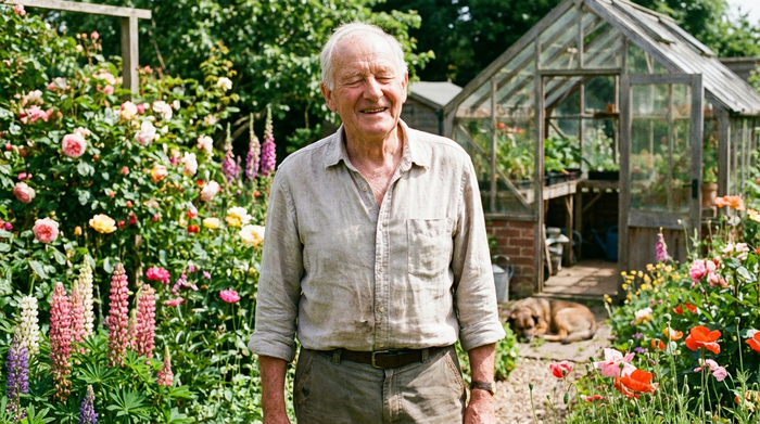Ein älterer Mann blickt erleichtert und glücklich, während er in seinem gepflegten Garten steht. Strahlender Sonnenschein, bunte Blumen, realistische und durchweg positive Szene.