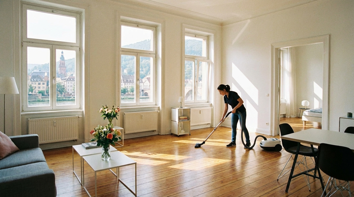 Eine ordentliche, helle Altbauwohnung in Heidelberg. Im Hintergrund sieht man eine fokussierte Reinigungskraft beim Staubsaugen des Holzbodens. Klare, aufgeräumte Umgebung, frische Atmosphäre, realistisch, keine Texte.