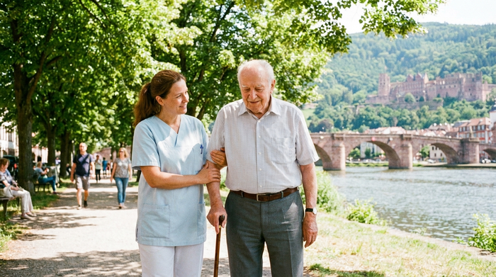 Eine geduldige Seniorenassistentin stützt einen älteren Herrn mit Gehstock sanft beim gemeinsamen Spaziergang auf einem sonnigen Weg am Heidelberger Neckarufer. Grüne Bäume, friedliche Stimmung, realistisch.