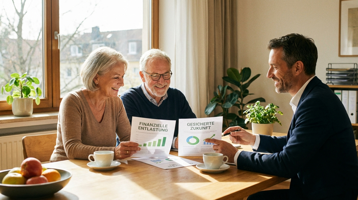 Ein älteres Ehepaar sitzt mit einem Berater an einem Tisch und schaut zufrieden auf übersichtliche Dokumente. Helles Licht, entspannte Gesichter, symbolisiert finanzielle Entlastung und Sicherheit. Realistische Fotografie.